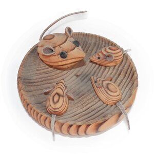 Vintage 1970s Wooden Mice Display Leather Handmade Ears Cryptomeria Figurine